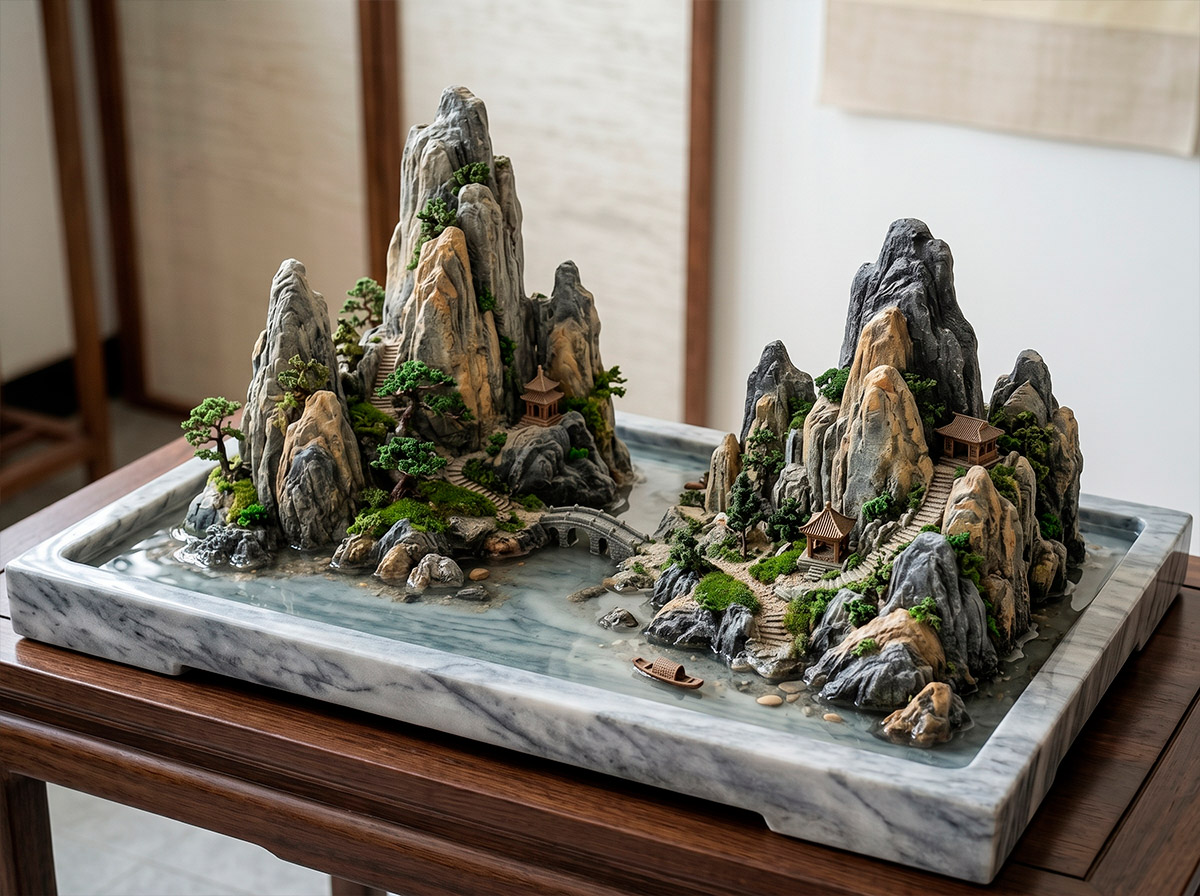 Penjing shanshui: rocas verticales como montañas sobre una bandeja con agua