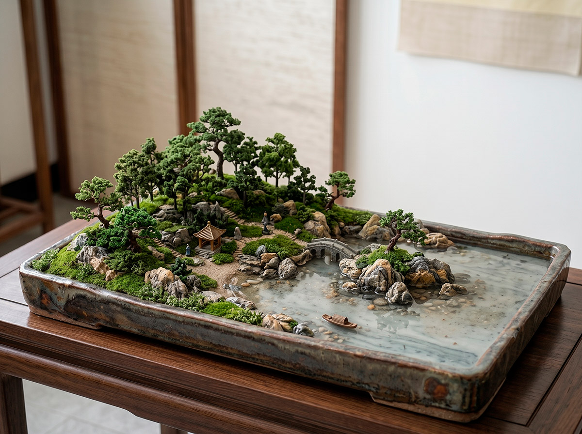 Penjing shuihan: orilla con árboles, rocas y agua en una misma bandeja